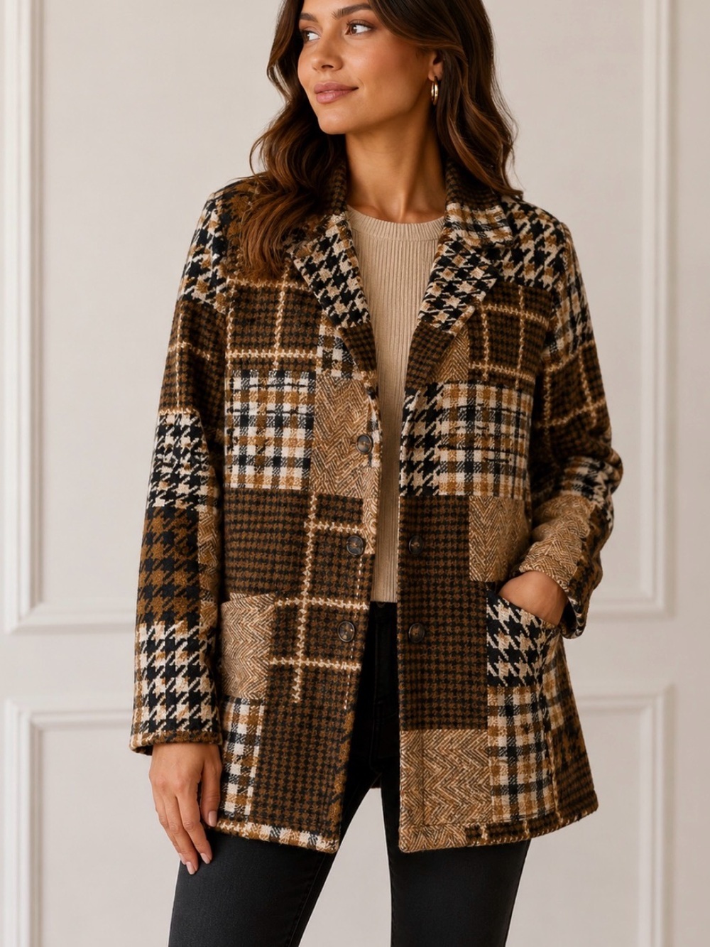 Patchwork Plaid Long jacket Cardigan Brown Tan & Black houndstooth shacket SZ LG
